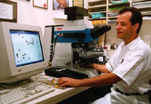 Univ.-Prof. Dr. Gerhard W. Hacker während der Durchführung einer Computer-Bildanalyse der DNA-Ploidie am Forschungsmikroskop. (c) Dr. Gerhard W. Hacker & Landeskrankenhaus Salzburg. 